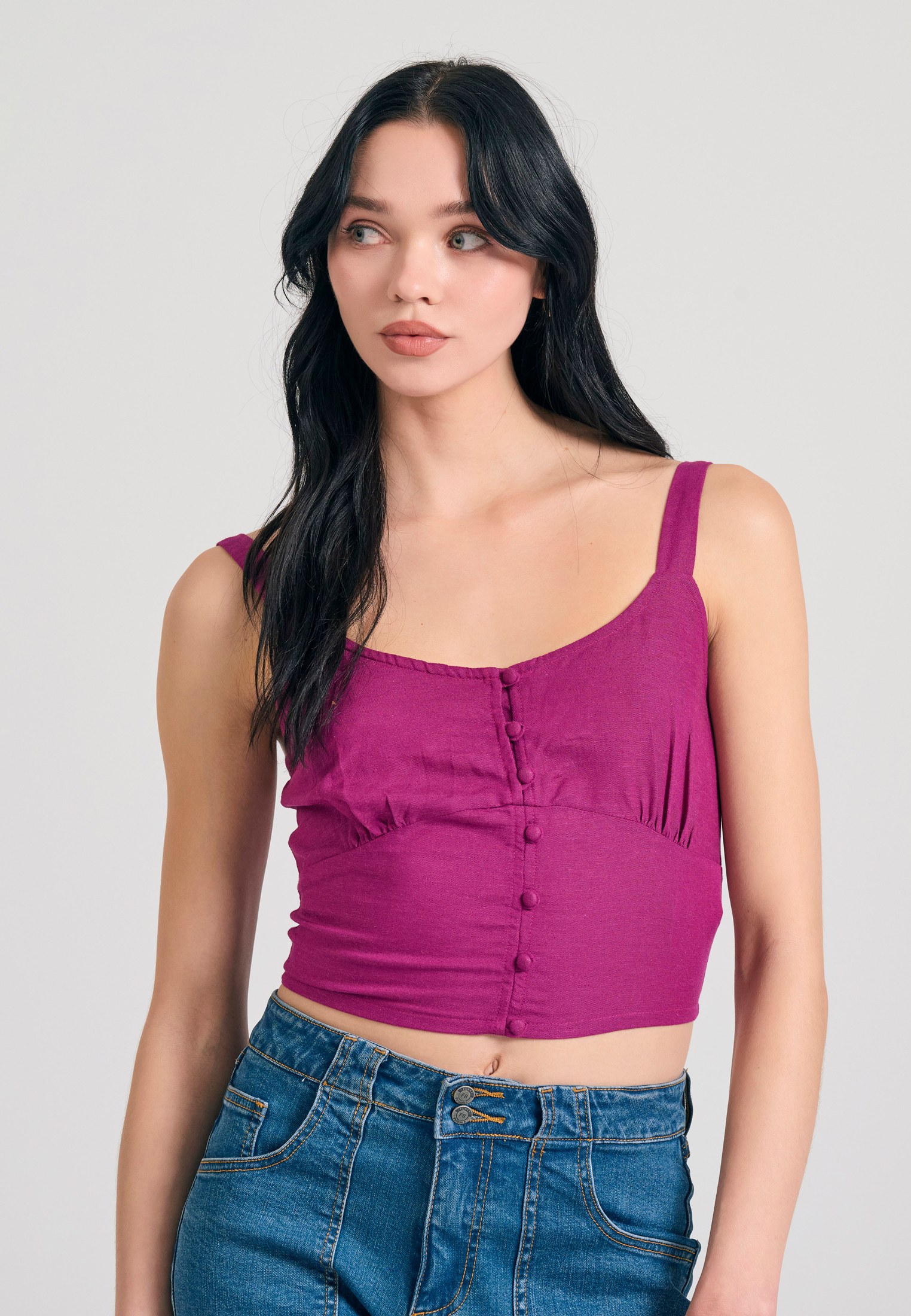 Linen blend μονόχρωμο cropped τοπ