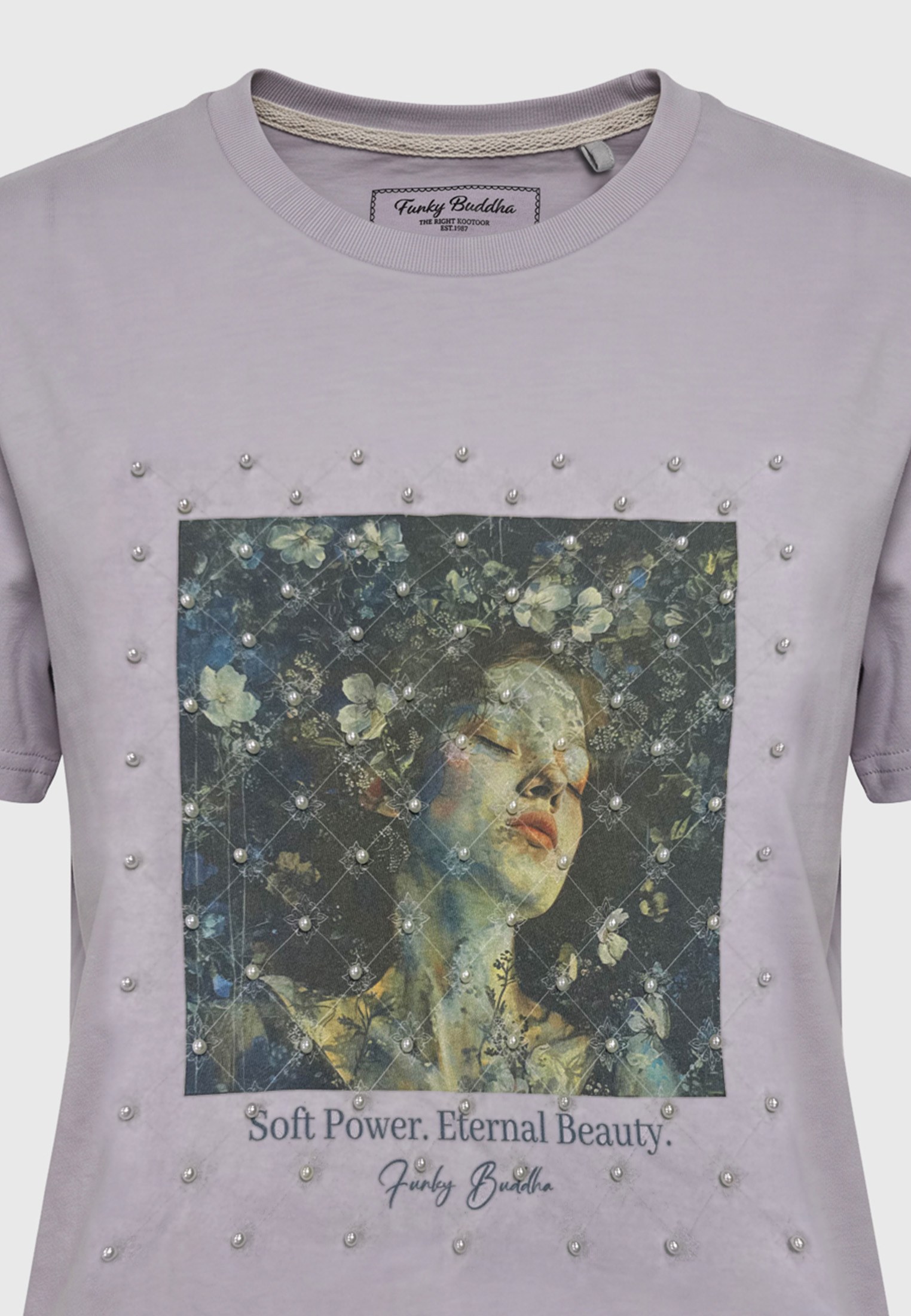 Γυναικείο loose t-shirt με print και πέρλες