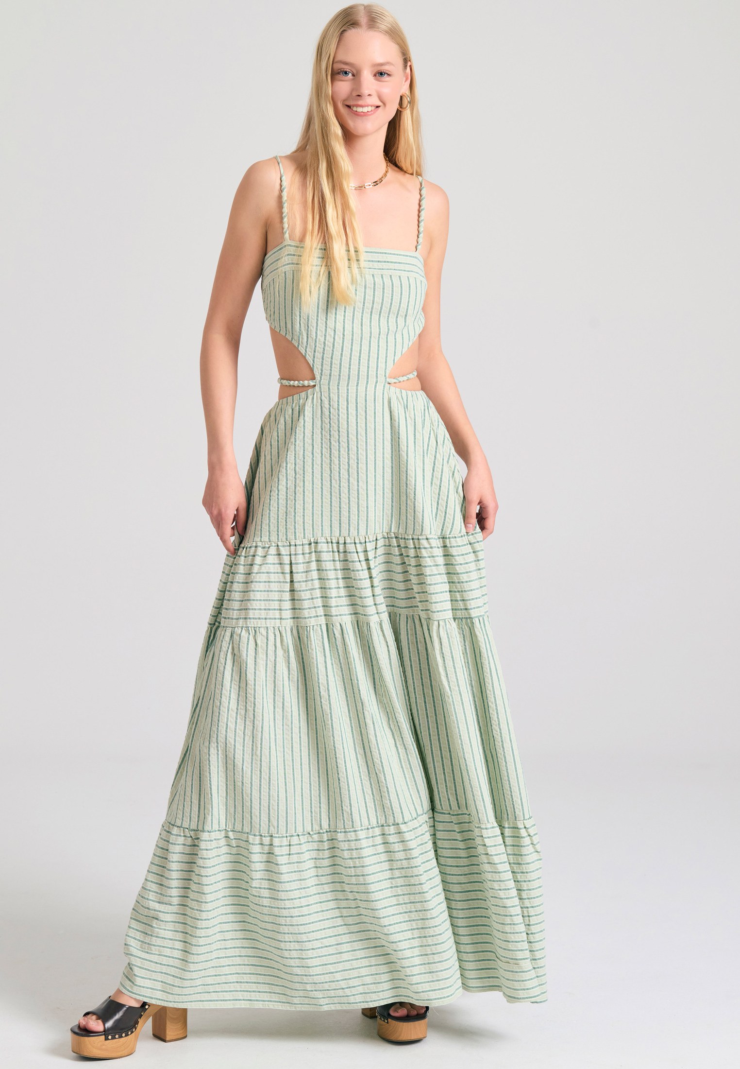 Maxi striped dress with cut out details FBL011-121-13_SAGE GREEN| funky -buddha.com