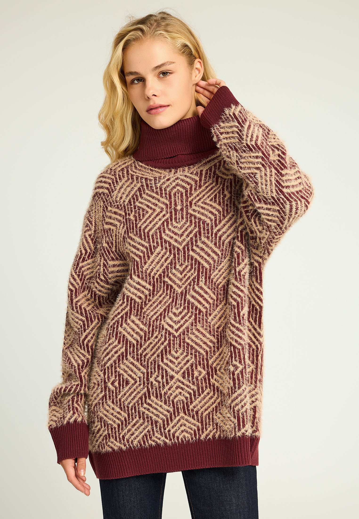 Women's Turtle Neck Pullovers Outlet - Red - Brown | funky-buddha.com