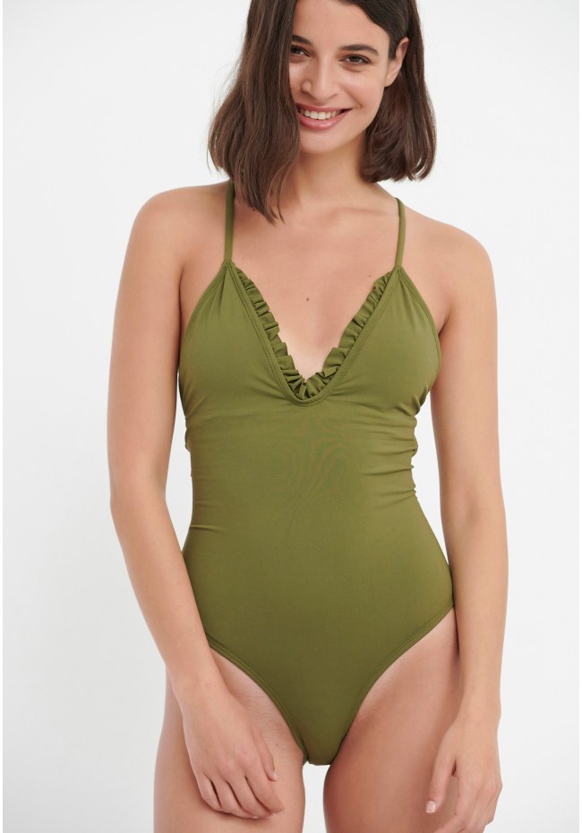Flounced halter neck swimsuit