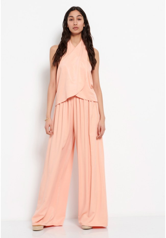 Wide leg fit παντελόνα από βισκόζη με ελαστική μέση