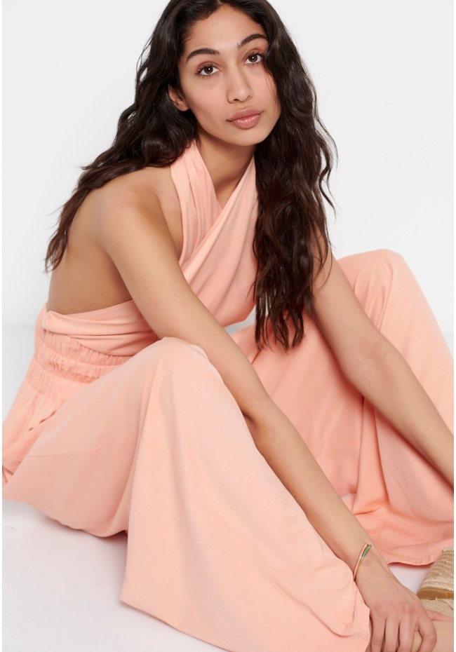 Wide leg fit παντελόνα από βισκόζη με ελαστική μέση