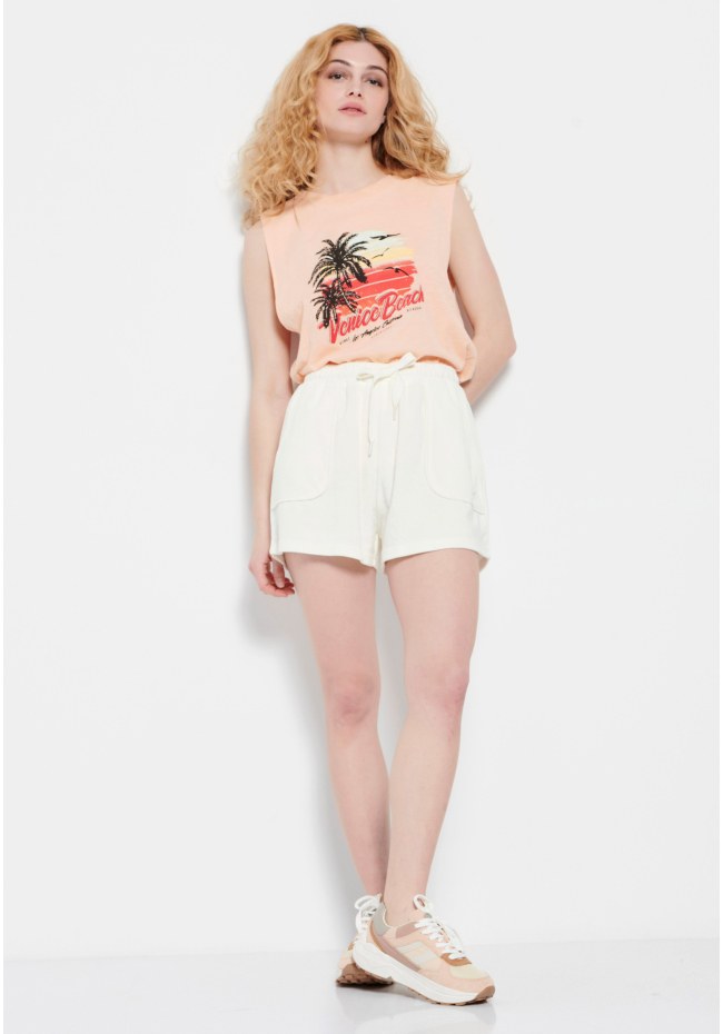 Sleeveless crew neck t-shirt with print