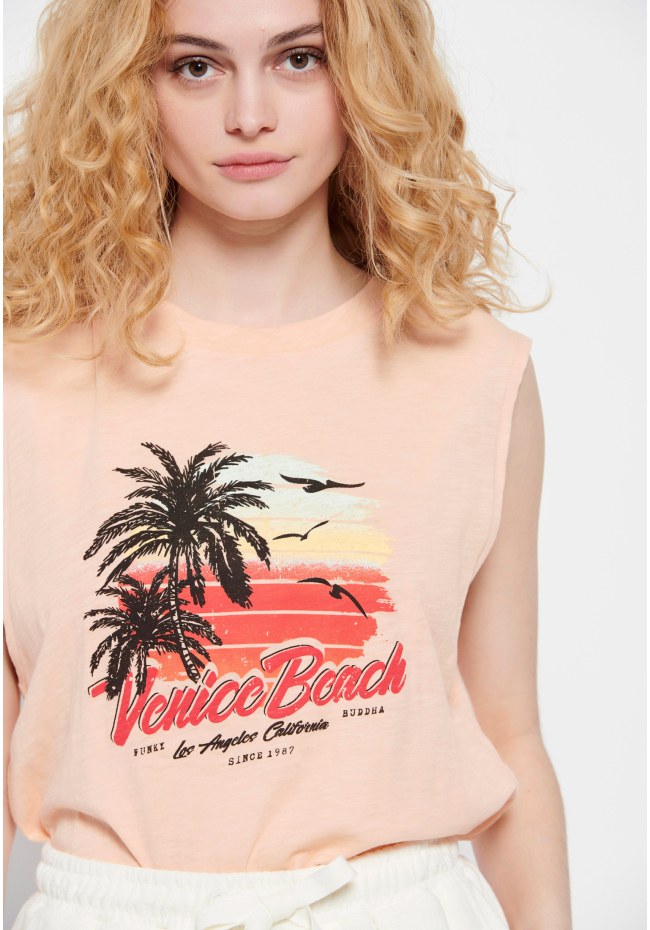Sleeveless crew neck t-shirt with print