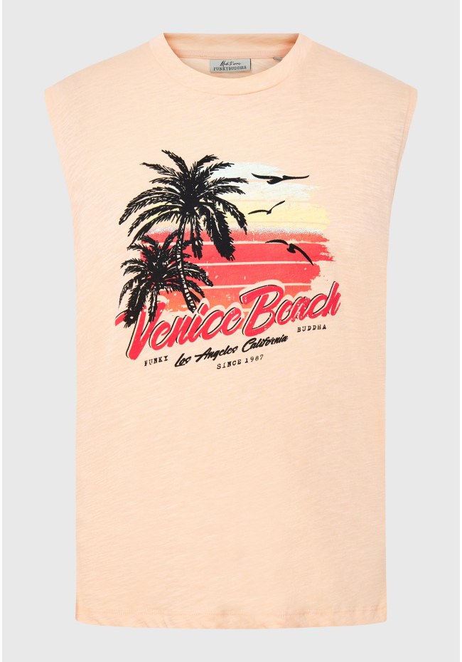 Sleeveless crew neck t-shirt with print
