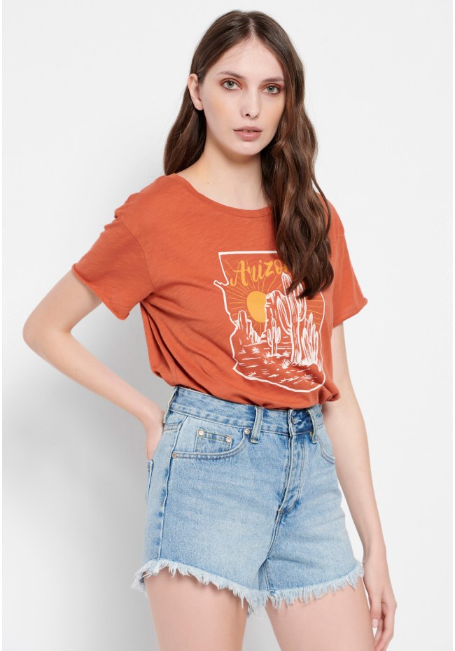 High-rise denim shorts with destroyed effects