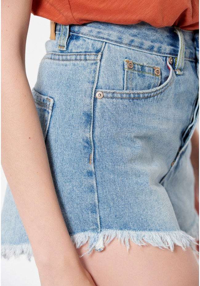 High-rise denim shorts with destroyed effects