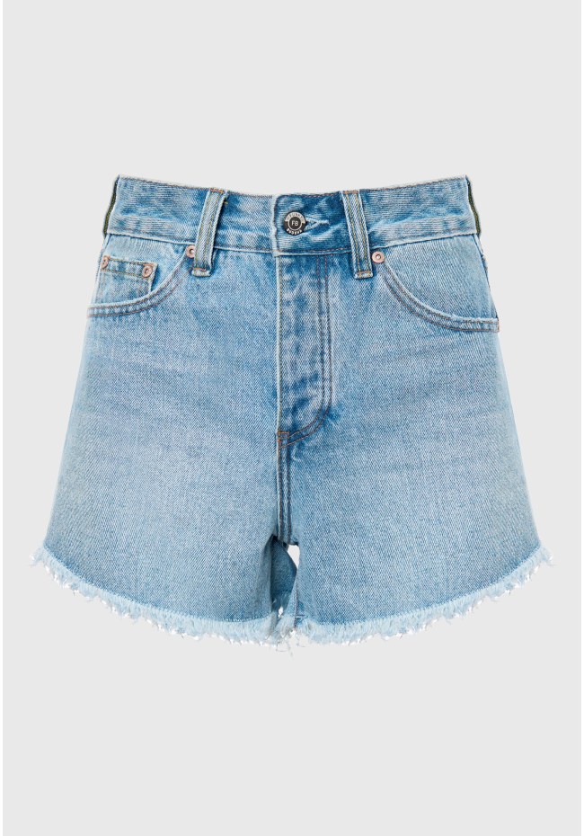 High-rise denim shorts with destroyed effects
