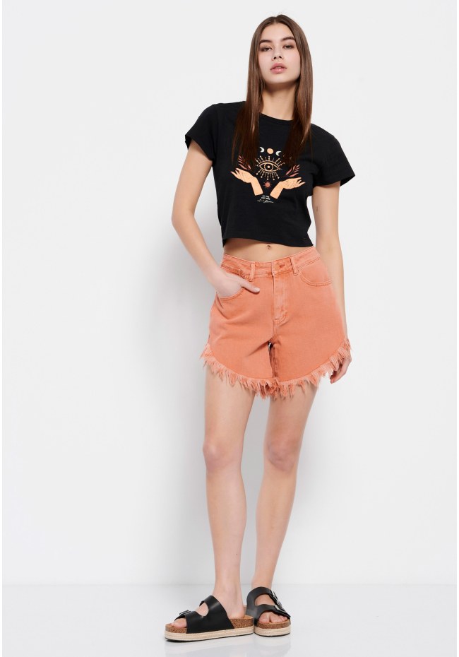 Cropped t-shirt από οργανικό βαμβάκι με τύπωμα