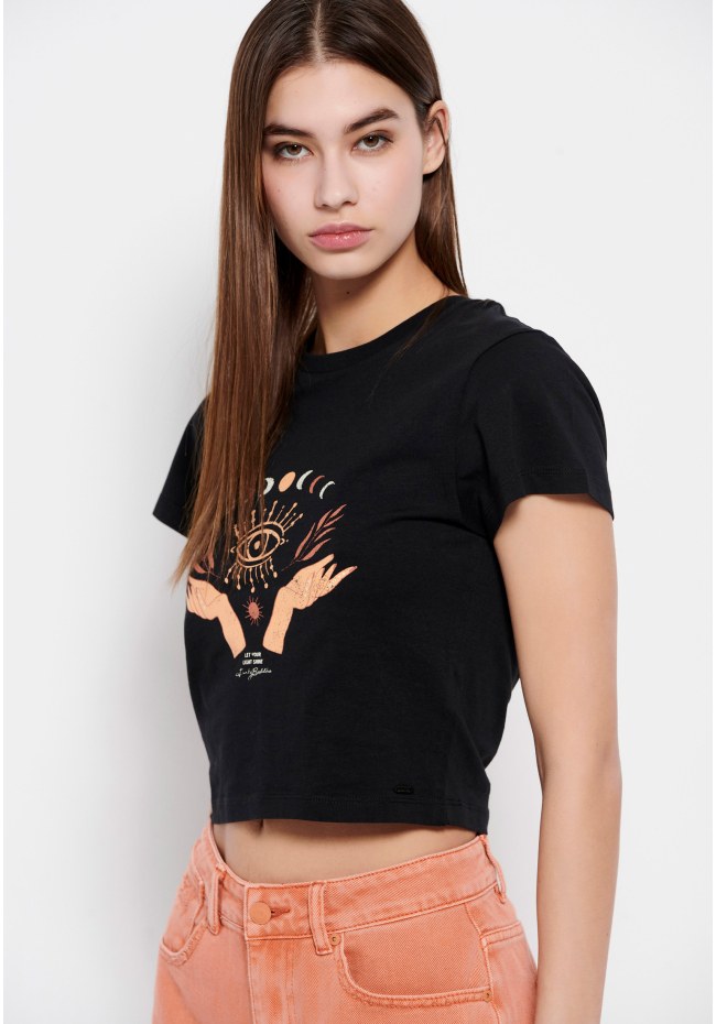 Cropped t-shirt από οργανικό βαμβάκι με τύπωμα
