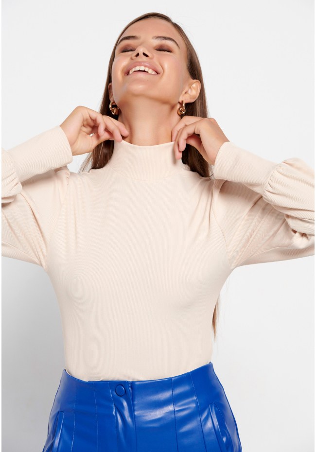 Turtle neck rib knitted long sleeve top