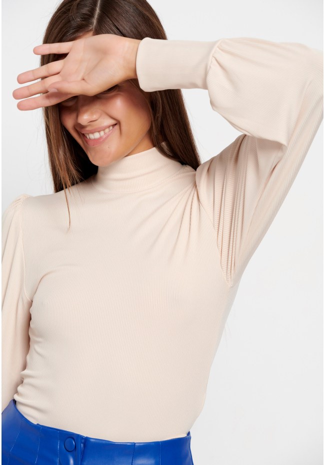 Turtle neck rib knitted long sleeve top