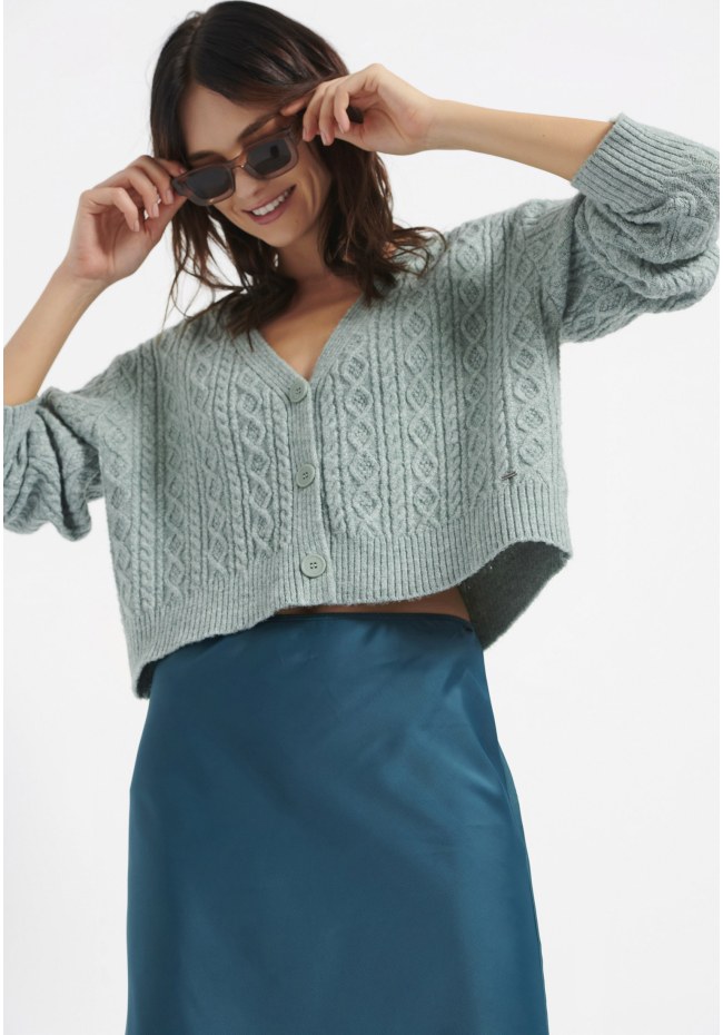 Cropped cable knit cardigan
