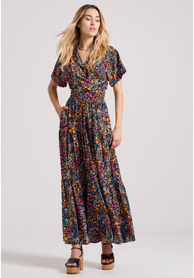 Maxi all over printed loose fit skirt with ruffles