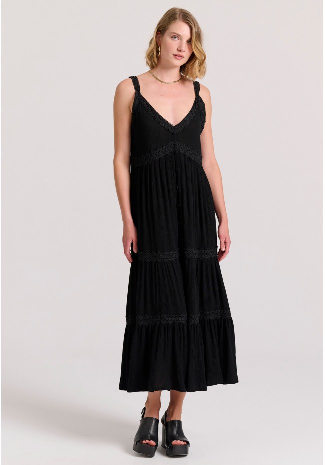 Loose fit μάξι boho φόρεμα με δανδέλα και βολάν