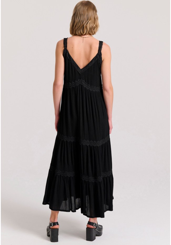 Loose fit μάξι boho φόρεμα με δανδέλα και βολάν