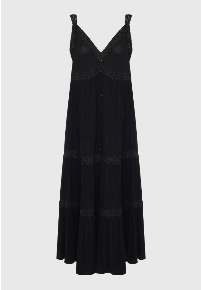 Loose fit μάξι boho φόρεμα με δανδέλα και βολάν