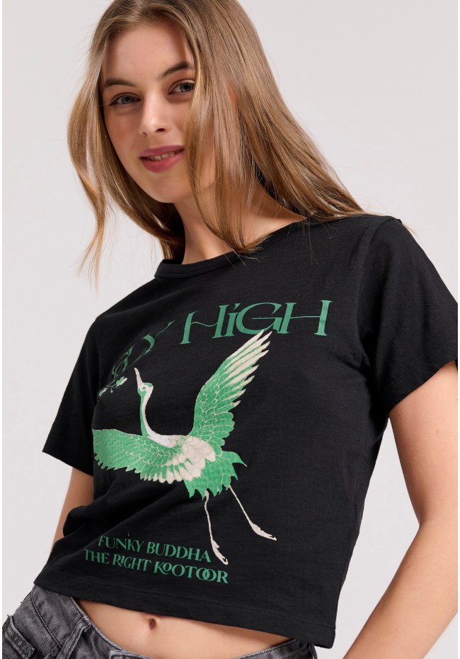 Cropped t-shirt με φωτογραφικό τύπωμα