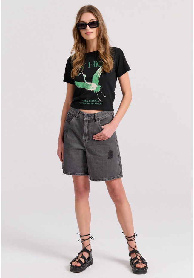Cropped t-shirt με φωτογραφικό τύπωμα