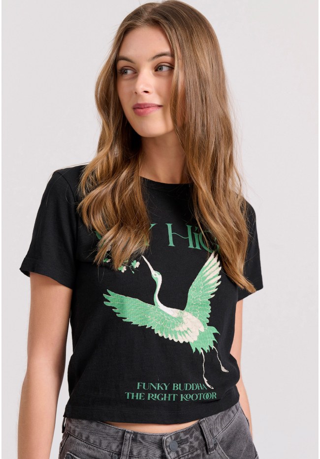 Cropped t-shirt με φωτογραφικό τύπωμα