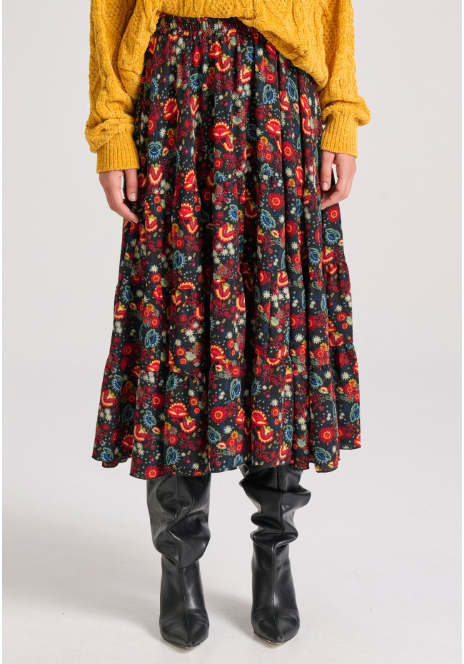 Midi εμπριμέ φούστα με βολάν