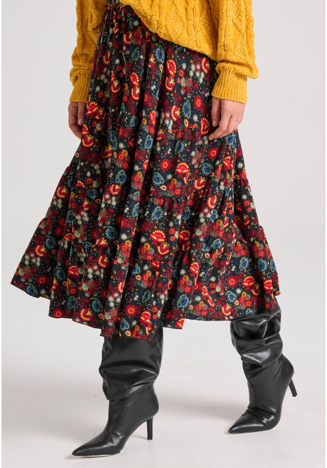 Midi εμπριμέ φούστα με βολάν