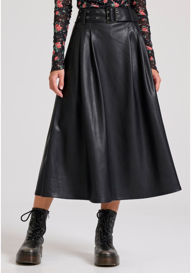 Midi φούστα με πιέτες από οικολογικό δέρμα (PU)