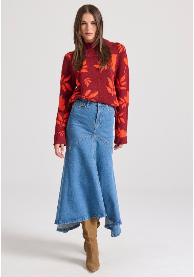 Maxi denim φούστα με ασύμμετρο τελείωμα