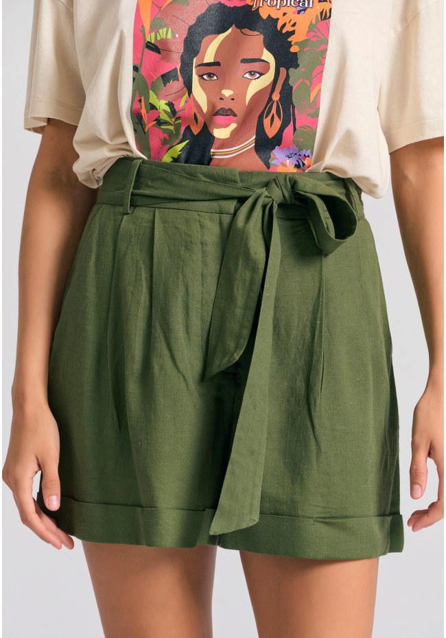 Loose fit linen blend σορτς με πιέτες και ζώνη