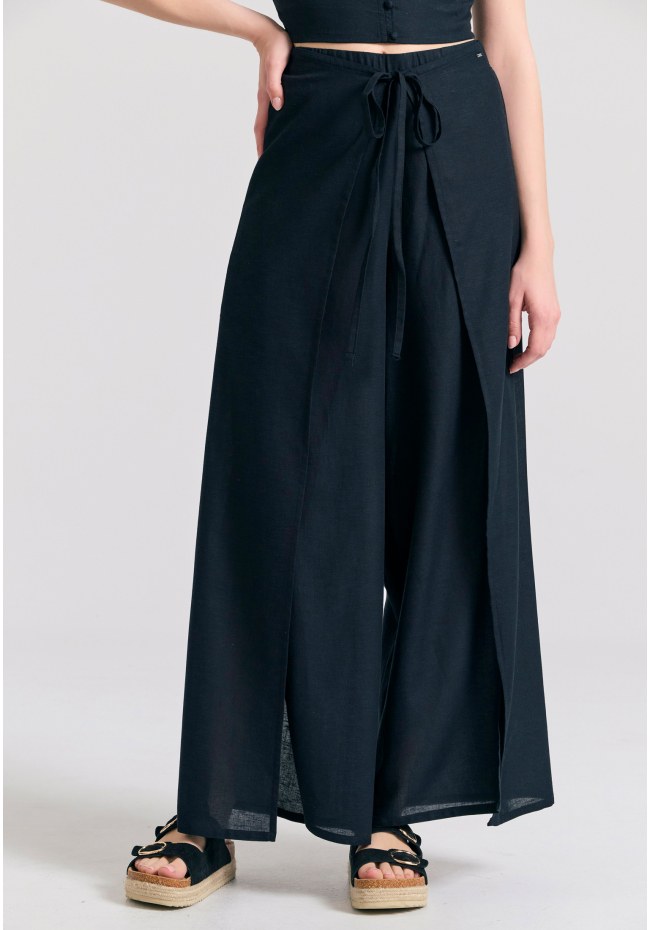 Linen blend wide leg παντελόνα με ελαστική μέση