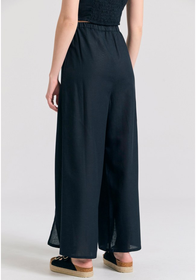 Linen blend wide leg παντελόνα με ελαστική μέση