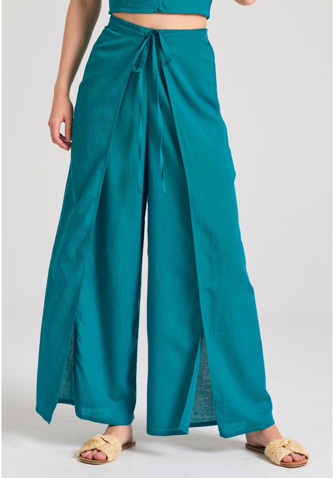Linen blend wide leg παντελόνα με ελαστική μέση