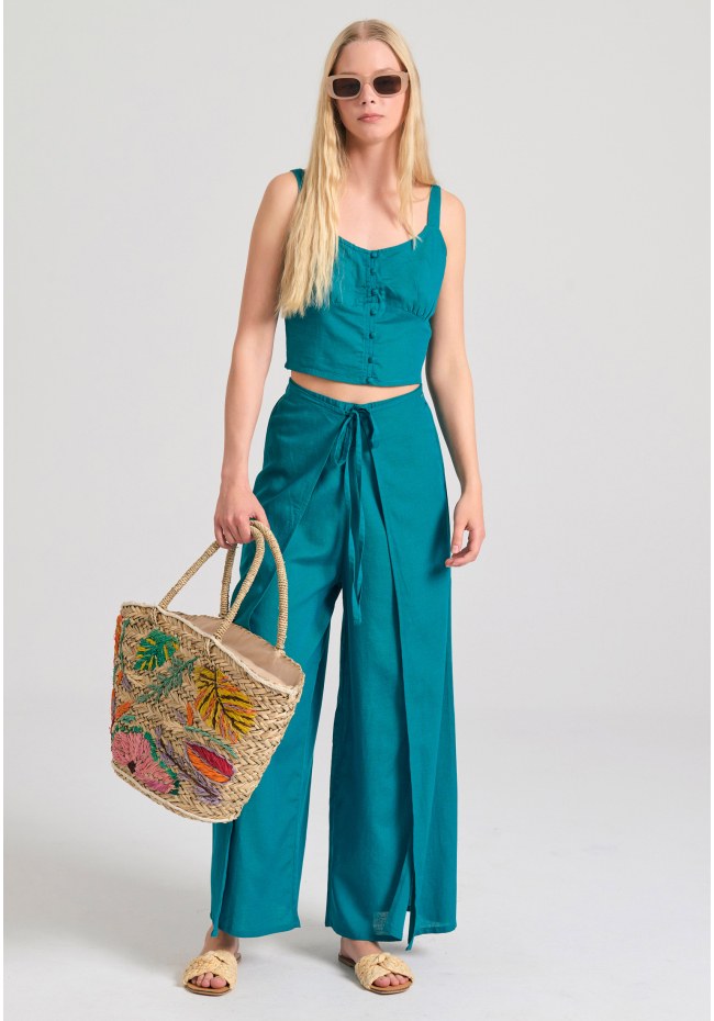 Linen blend wide leg παντελόνα με ελαστική μέση