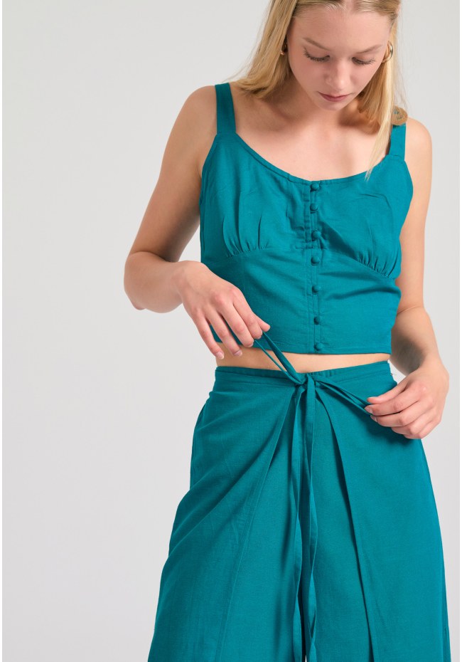 Linen blend wide leg παντελόνα με ελαστική μέση