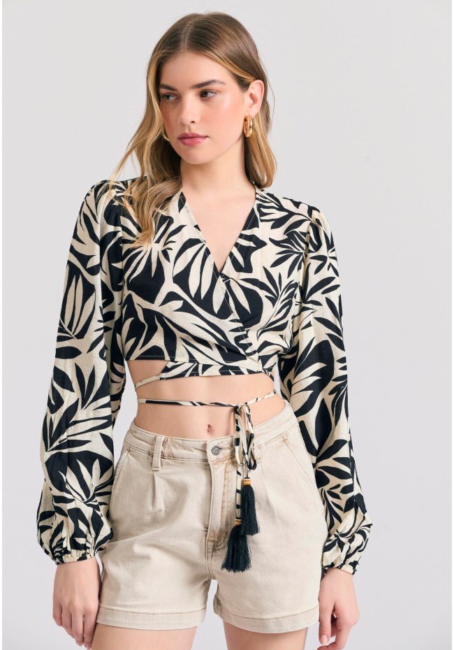 Εμπριμέ μακρυμάνικη κρουαζέ μπλούζα