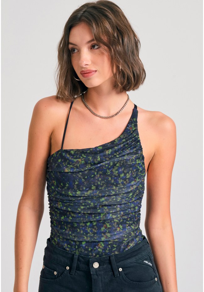 Εμπριμέ off shoulder κορμάκι με τούλι