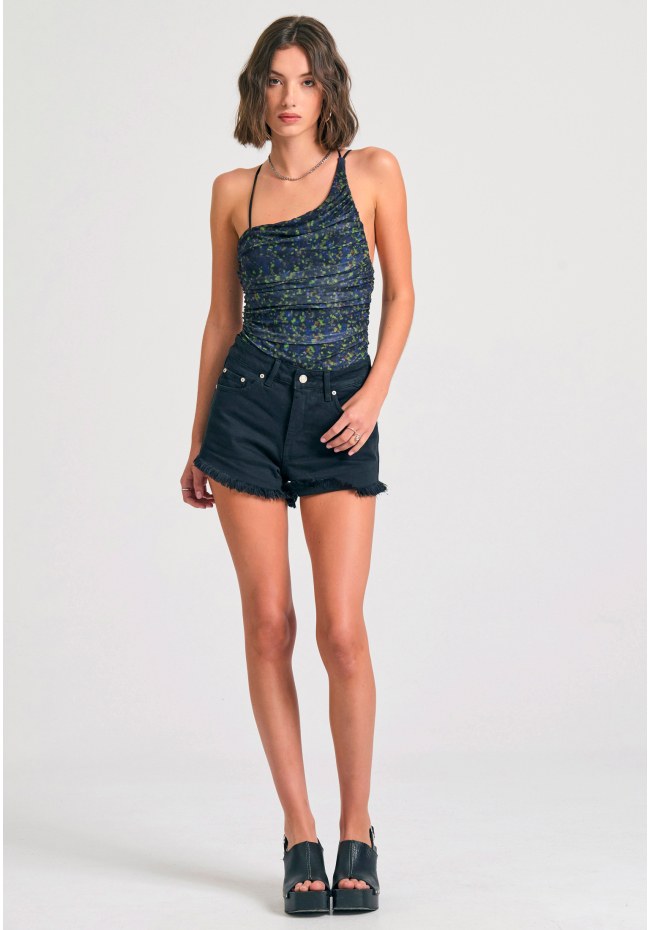 Εμπριμέ off shoulder κορμάκι με τούλι