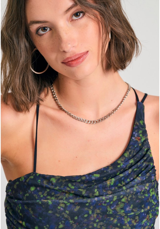 Εμπριμέ off shoulder κορμάκι με τούλι