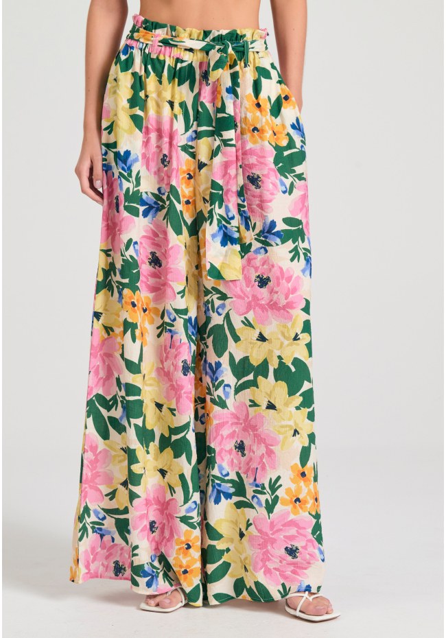 Wide leg εμπριμέ παντελόνα από τεχνητό μετάξι