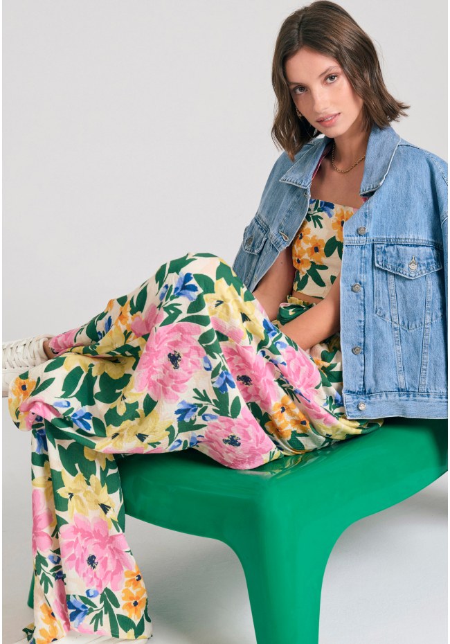 Wide leg εμπριμέ παντελόνα από τεχνητό μετάξι