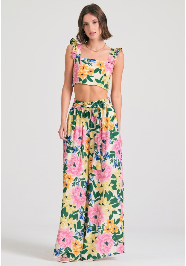 Wide leg εμπριμέ παντελόνα από τεχνητό μετάξι