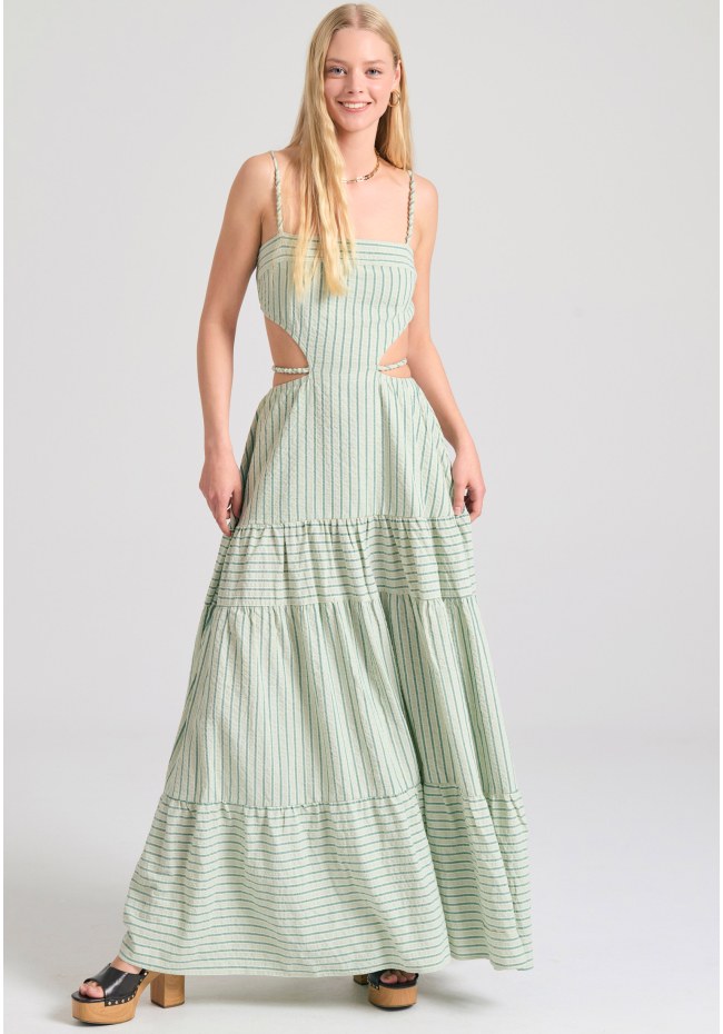 Maxi striped dress with cut out details FBL011-121-13_SAGE GREEN| funky -buddha.com