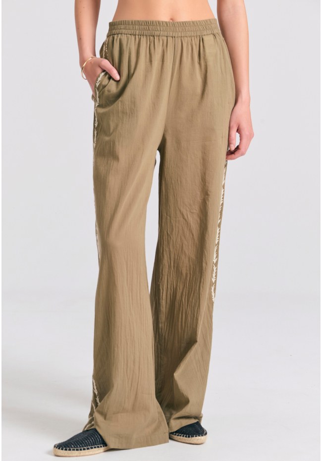 Wide leg παντελόνα με πλαϊνό κέντημα