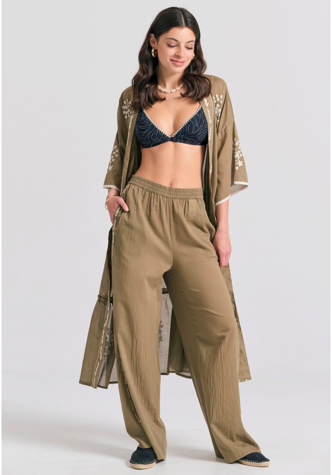 Wide leg παντελόνα με πλαϊνό κέντημα