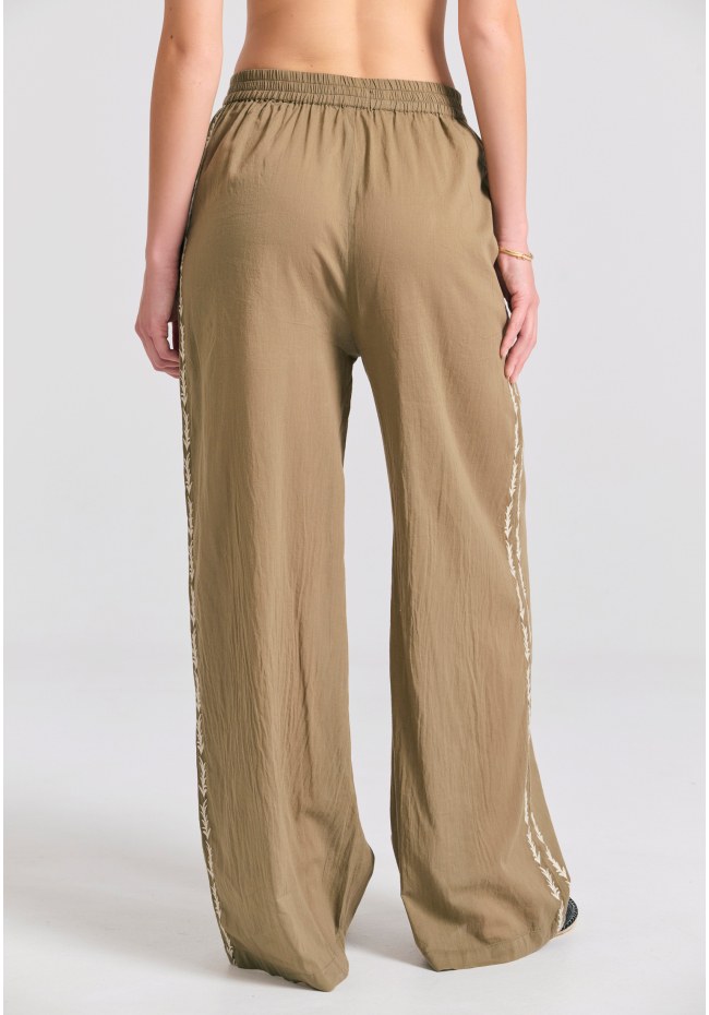 Wide leg παντελόνα με πλαϊνό κέντημα