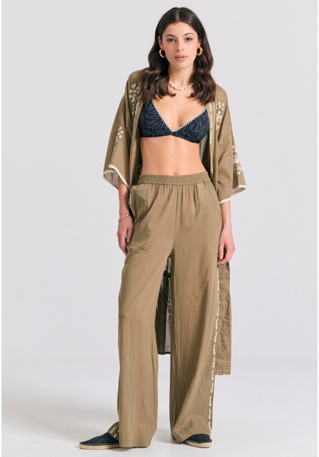 Wide leg παντελόνα με πλαϊνό κέντημα