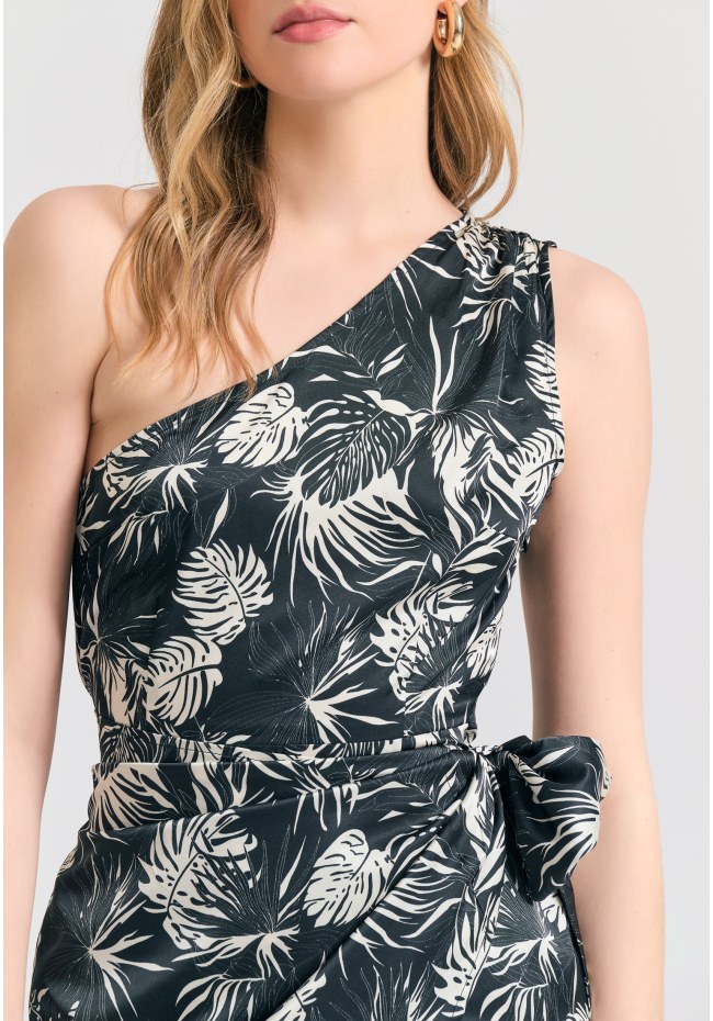 Off-shoulder εμπριμέ φόρεμα με πλαϊνό δέσιμο