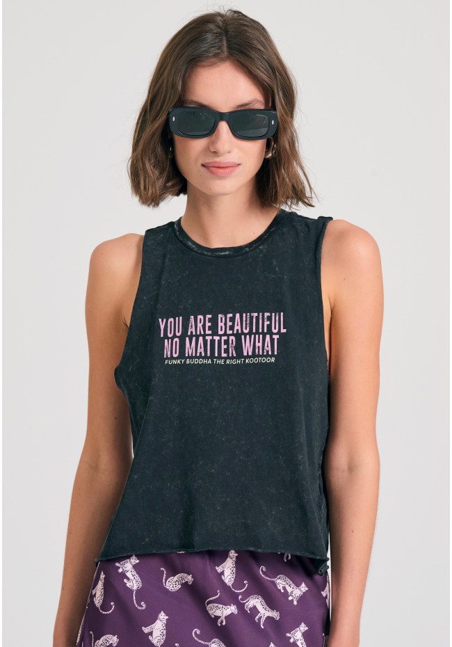 Women's garment dyed tank top with text artwork print