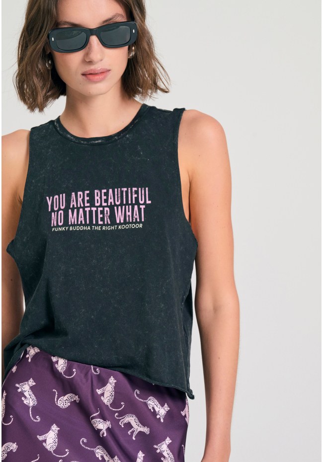 Women's garment dyed tank top with text artwork print